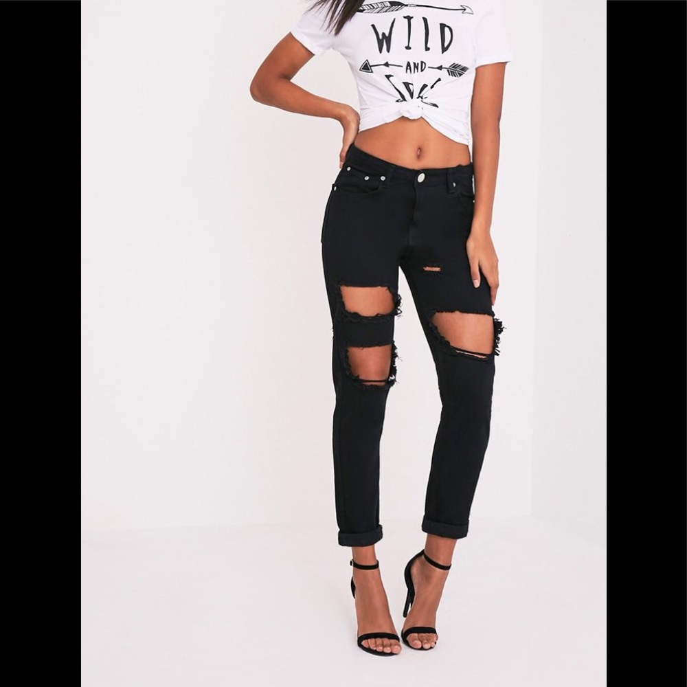 Black Extreme Rip Straight Leg Girlfriend Jean